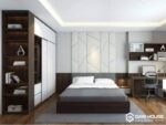 Phòng ngủ có giường, tủ và bàn theo cùng bố cục